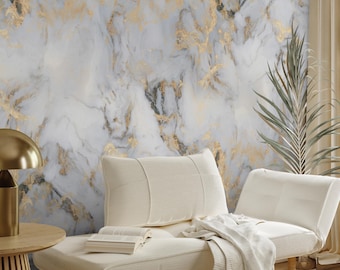 White Marble Wall Mural, Gold Vein Peel and Stick Wallpaper