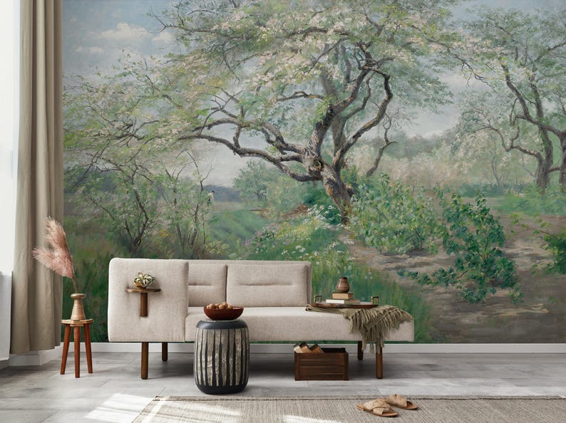 Vintage Landscape Wall Mural, Panoramic Forest Tree Peel and Stick ...