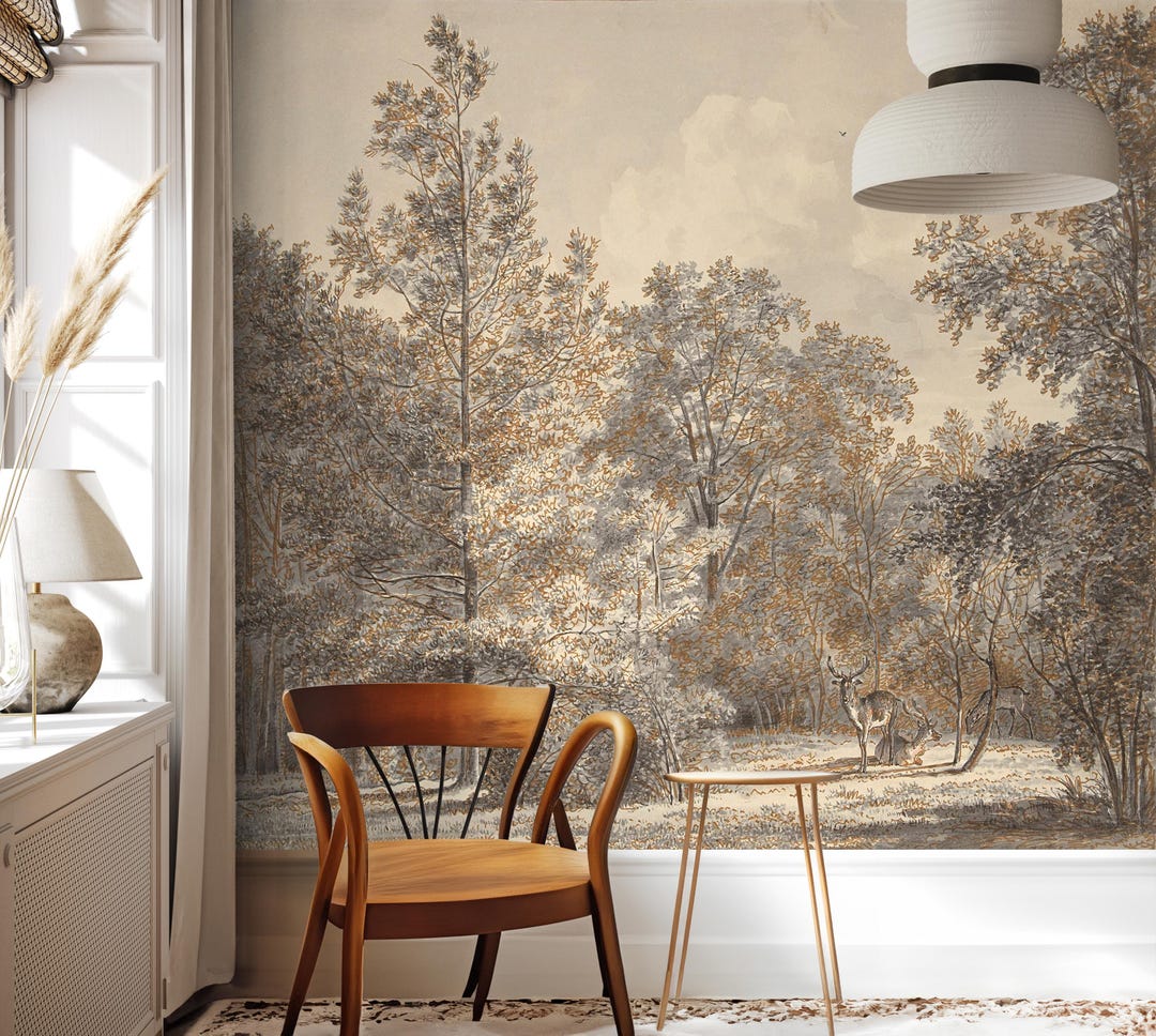 Vintage Landscape Wallpaper, Forest Animal Peel and Stick Wall Mural - Etsy