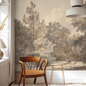 Rural Landscape Wallpaper, Vintage Forest Deer Scene Peel and Stick Wall Mural