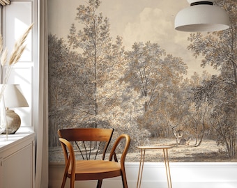 Forest Animal Wall Mural, Vintage Landscape Peel and Stick Wallpaper