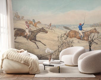 Horse Racing Wall Mural, Vintage Equestrian Peel and Stick Wallpaper
