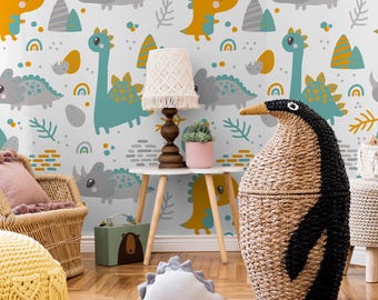 Dinosaur Nursery Wallpaper Mural: Pastel Peel and Stick or Traditional Mural