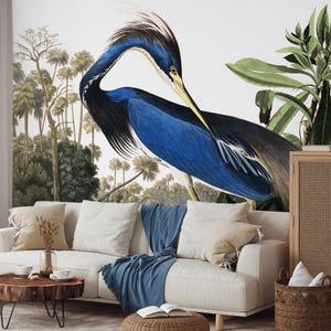 Louisiana Heron di John James Audubon Peel and Stick Wallpaper, murale giungla vintage, carta da parati tradizionale rimovibile per un arredamento senza tempo