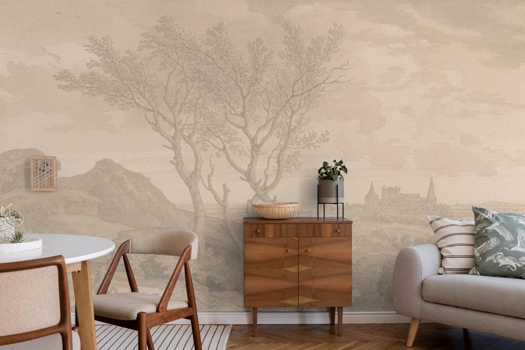 Vintage Tree Wallpaper, Soft Neutral Landscape Rustic Peel and Stick ...
