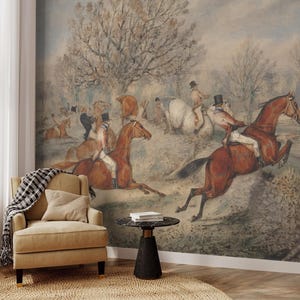 Vintage Equestrian Wall Mural: Peel and Stick Hunting Scene Wallpaper