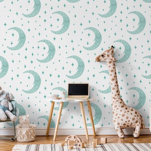 Carta da parati per bambini con luna e stelle, murale con cielo nuvoloso, design autoadesivo e rimovibile per un sereno nido e un angolo per dormire.