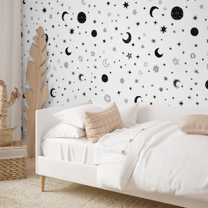 Carta da parati murale per cameretta dei bambini con luna e stelle: tema cielo personalizzato, carta da parati staccabile e adesiva