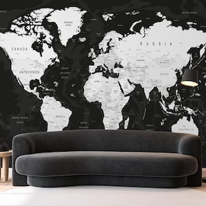 Black World Map Peel and Stick Wallpaper, Custom Color Removable Wall Mural for Office or Study, Self-Adhesive Modern Travel Mural