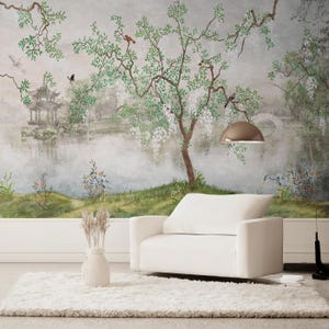 Chinoiserie Baumschale und Stick-Tapete, Vögel auf Zweigen Waldwand-Wandbild für Wohnzimmer oder Schlafzimmer, elegantes entfernbares klassisches Dekor