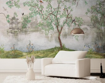 Tapete im Chinoiserie-Stil mit Baummotiv, selbstklebende Wandtapete mit Vogelzweig, elegante klassische Dekoration