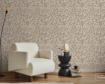 Papel pintado de hojas neutras, mural de pared botánico moderno y suave autoadhesivo.