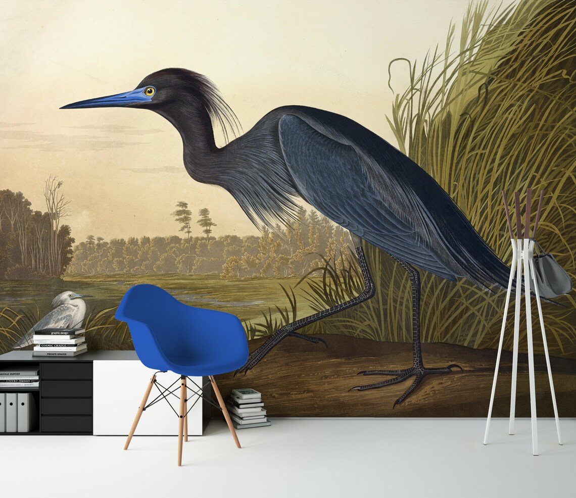 Blue Crane Removable Wallpaper / Bird Peel and stick Wallpaper | Etsy