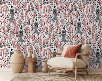 Geisha Cherry Blossom Wallpaper, Chinoiserie Peel and Stick Wall Mural