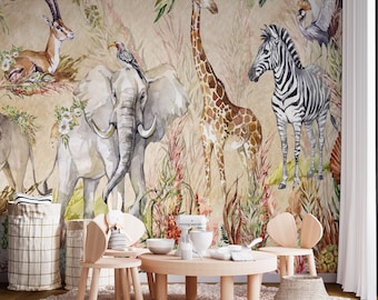Djungelsafari-tapet, elefant, giraff, lejon, självhäftande väggmålning, barnrumsinredning