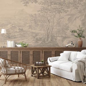 Pastel Vintage Forest Wallpaper, Light Panoramic Tree Landscape Wall Mural, Peel and Stick for Elegant Home Decor, Bedroom or Living Room