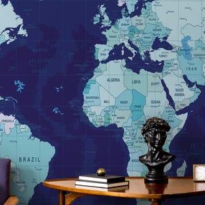 Navy Blue World Map Peel and Stick Wallpaper, Custom Wall Mural for Office or Study, Modern Travel Wall Art, Geography Wallpaper
