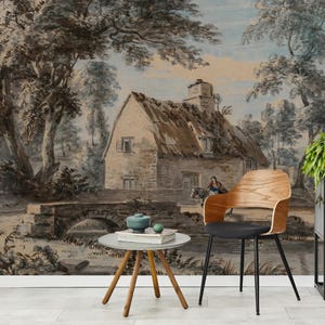 Vintage Tree Wallpaper, Rustic Landscape Wall Mural, Panoramic Nature Scene Mural