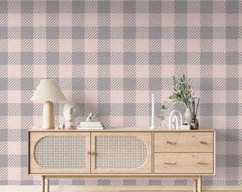 Pink Gray Plaid Wallpaper, Neutral Peel and Stick Removable Wallpaper