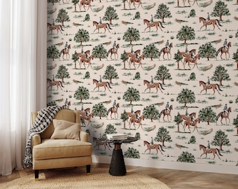 Equestrian Horse Wallpaper, Vintage Country Peel and Stick Wall Mural, Classic Decor