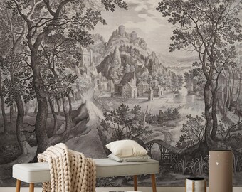 Rural Village Landscape Mural, Vintage Scenic Tree Peel and Stick Wallpaper