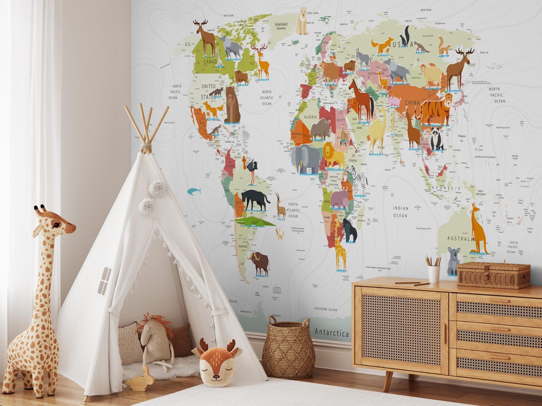 Animal World Map Wallpaper: Kids Room Peel and Stick Wall Mural - Etsy