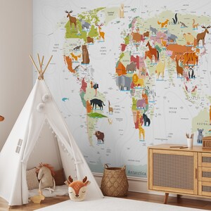 Animal World Map Wallpaper, Peel & Stick Lernbild für Kinder, Abnehmbares Wandbild für Kinderzimmer oder Spielzimmer, Lustige Lernwandkunst
