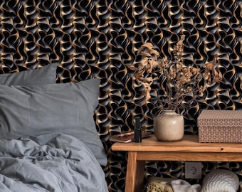 Black Gold Line Art Wallpaper, Luxe Peel and Stick Abstract Wall Mural, Modern Decor