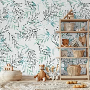 Türkisfarbene Blätter Tapete, Schälen und Aufkleben Kinderzimmer Wandbild, Boho oder Moderne Babyzimmer Tapete, Abnehmbare Wandkunst
