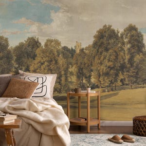 Green Valley Panoramic Wallpaper, Vintage Nature Wall Mural, Peel and Stick Forest Mural