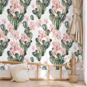 Carta da parati con cactus acquerellati per la cameretta del bambino, carta da parati tropicale staccabile e attaccabile per la cameretta dei bambini o la sala giochi, carta da parati verde rimovibile