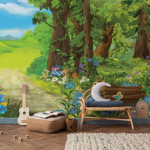 Papel pintado de bosque, mural de dibujos animados despegable y adhesivo, papel pintado de bosque para habitación infantil, idea de regalo