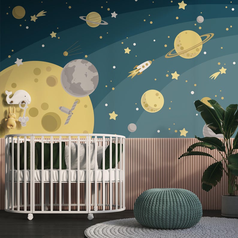 Space Nursery Wall Mural, Rocket Planet Kids Room Peel and Stick ...