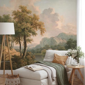 Rustic Forest River View Mural, Panoramic Vintage Peel and Stick Wallpaper, Removable Wall Art for Cottagecore-Inspired Living Spaces