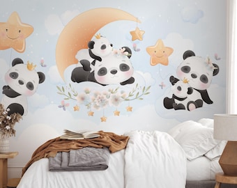Panda Moon tapet, självhäftande väggmålning för barnrum, barnrumsinredning
