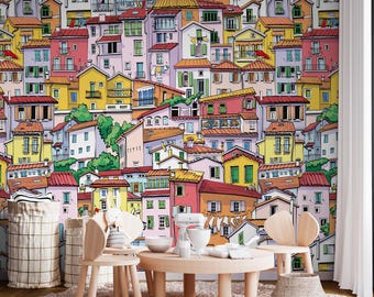 Colorful Cityscape Wallpaper: Peel and Stick Nursery Wall Mural