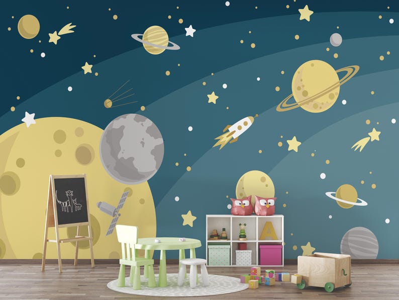 Space Nursery Wall Mural, Rocket Planet Kids Room Peel and Stick ...