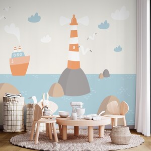 Nautical Nursery Mural: Lighthouse & Ship Wallpaper (Peel and Stick or Traditional)