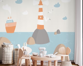 Nautical Nursery Wallpaper: Lighthouse and Ship Theme