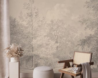 Forest Deer Wall Mural, Soft Tone Rural Landscape Peel and Stick Wallpaper