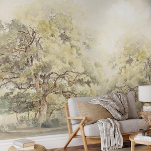 Trees Landscape Scenic Peel and Stick Wall Mural, Forest Scenic Wallpaper, Vintage Art Tree Design, Traditional Removable Wallpaper Décor