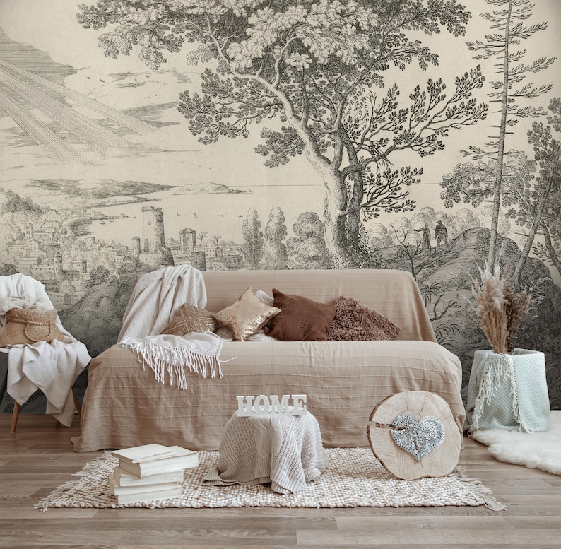 Vintage Tree Landscape Mural: Rustic Peel and Stick Wallpaper - Etsy