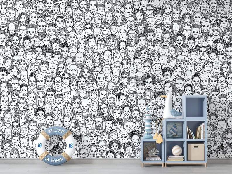 Buy Human Faces Wallpaper, Black and White Pattern Wall Mural, Kids