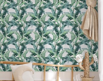 Tropical Leaf Wallpaper, Green Botanical Peel and Stick Wall Mural, Nature Decor