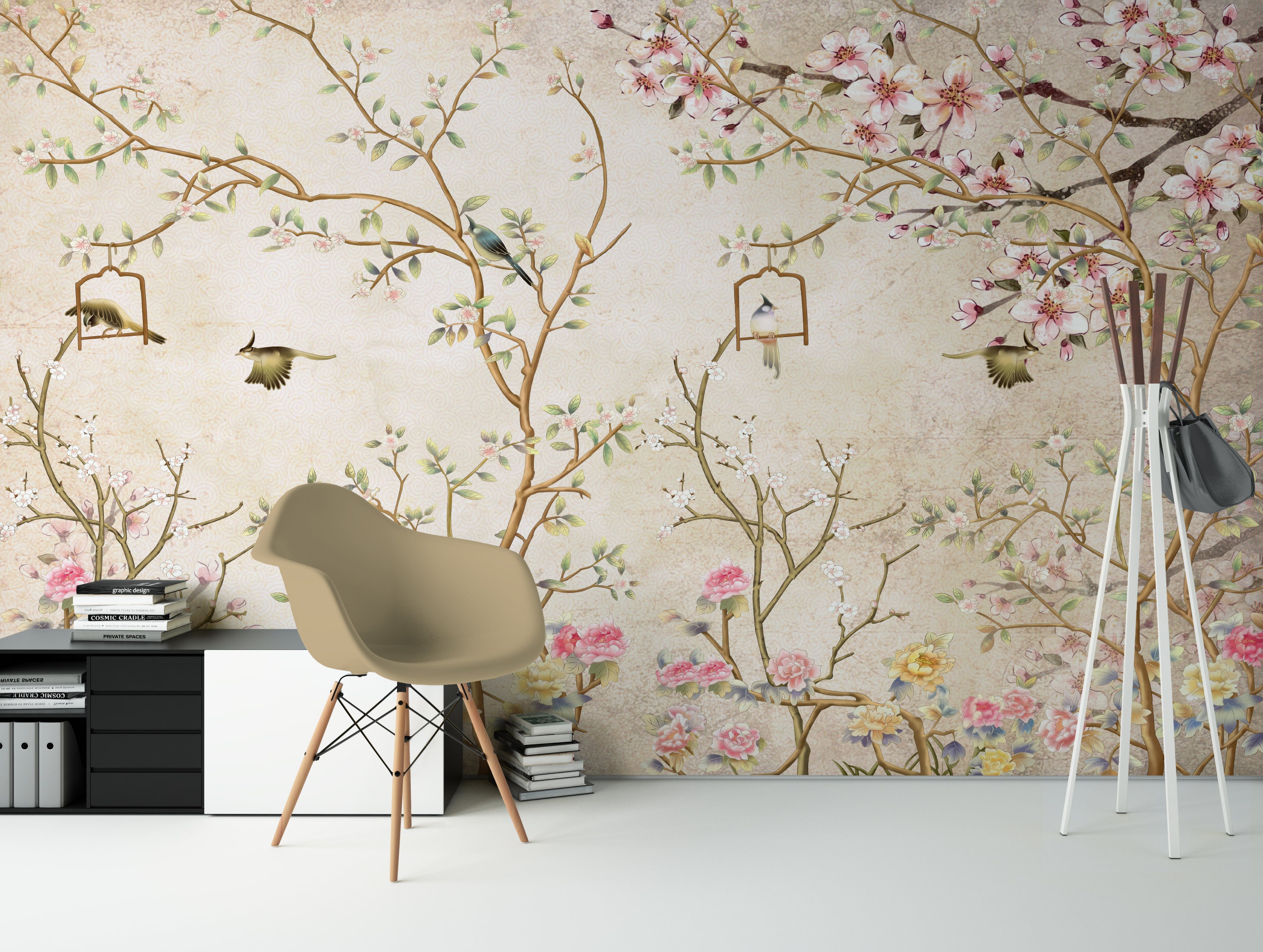 Chinoiserie Wallpaper / Vintage Wallpaper / Birds Trees Floral Etsy