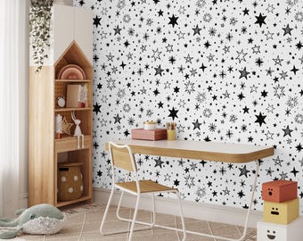 Carta da parati con stelle e luna, murale personalizzato con cielo autoadesivo, decorazione per la cameretta dei bambini.