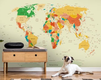 World Map Wallpaper, Orange Tone Removable Peel and Stick Wall Mural