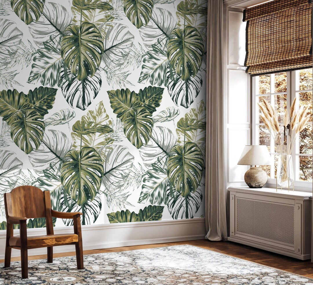 Tropical Leaves Peel and Stick Wallpaper: Green Jungle Wall Mural - Etsy