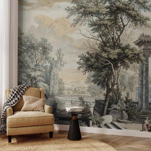 Vintage Castle Wall Mural, Tree Landscape Panoramic Peel and Stick Wallpaper