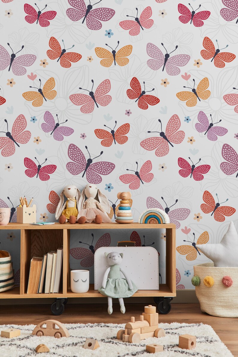 Butterfly Pattern Wallpaper, Colorful Floral Kids Room Peel and Stick ...